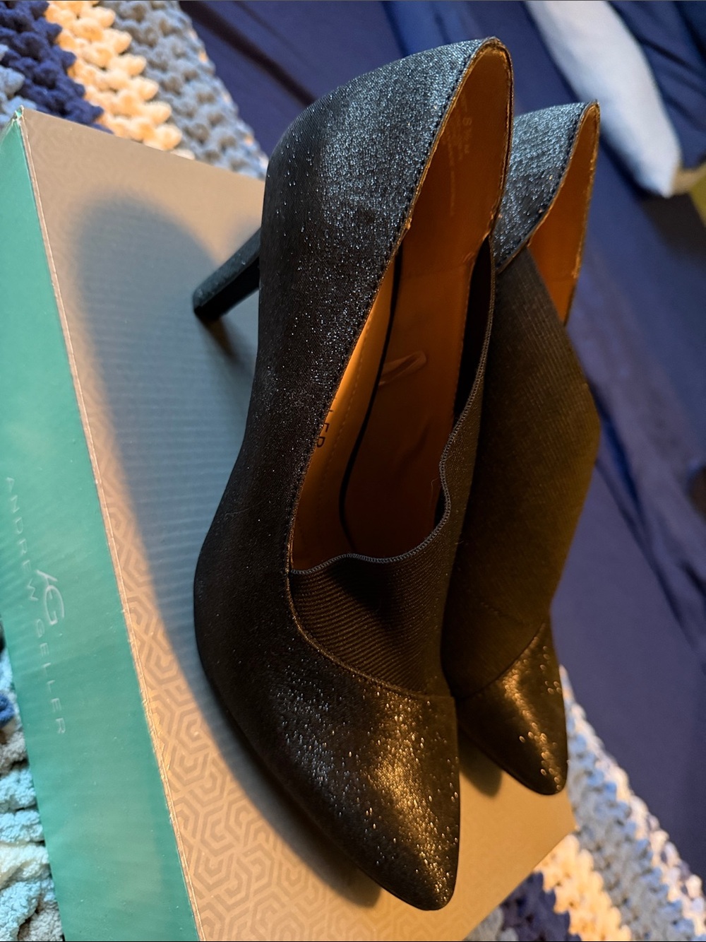 Andrew Geller Black Pointed Toe Glitter Stiletto Heels